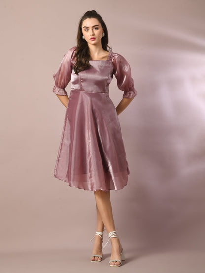 Women's  Brown Solid Square Neck Fit And Flare Party Dress