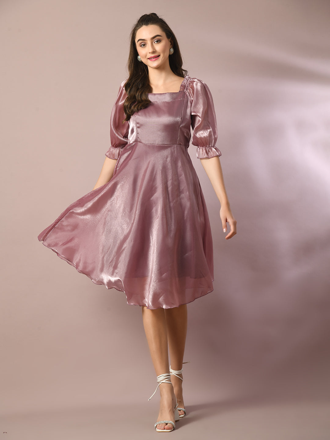 Women's  Brown Solid Square Neck Fit And Flare Party Dress