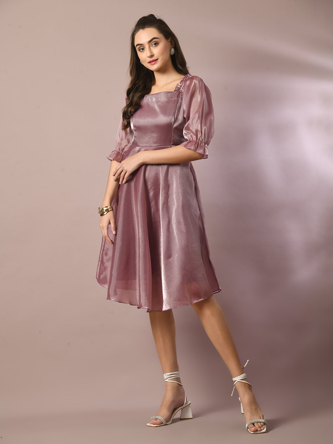 Women's  Brown Solid Square Neck Fit And Flare Party Dress