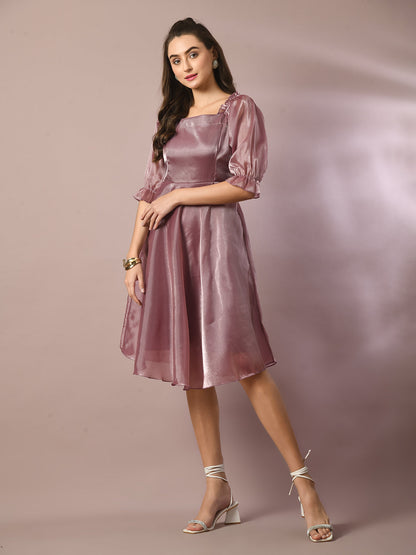 Women's  Brown Solid Square Neck Fit And Flare Party Dress