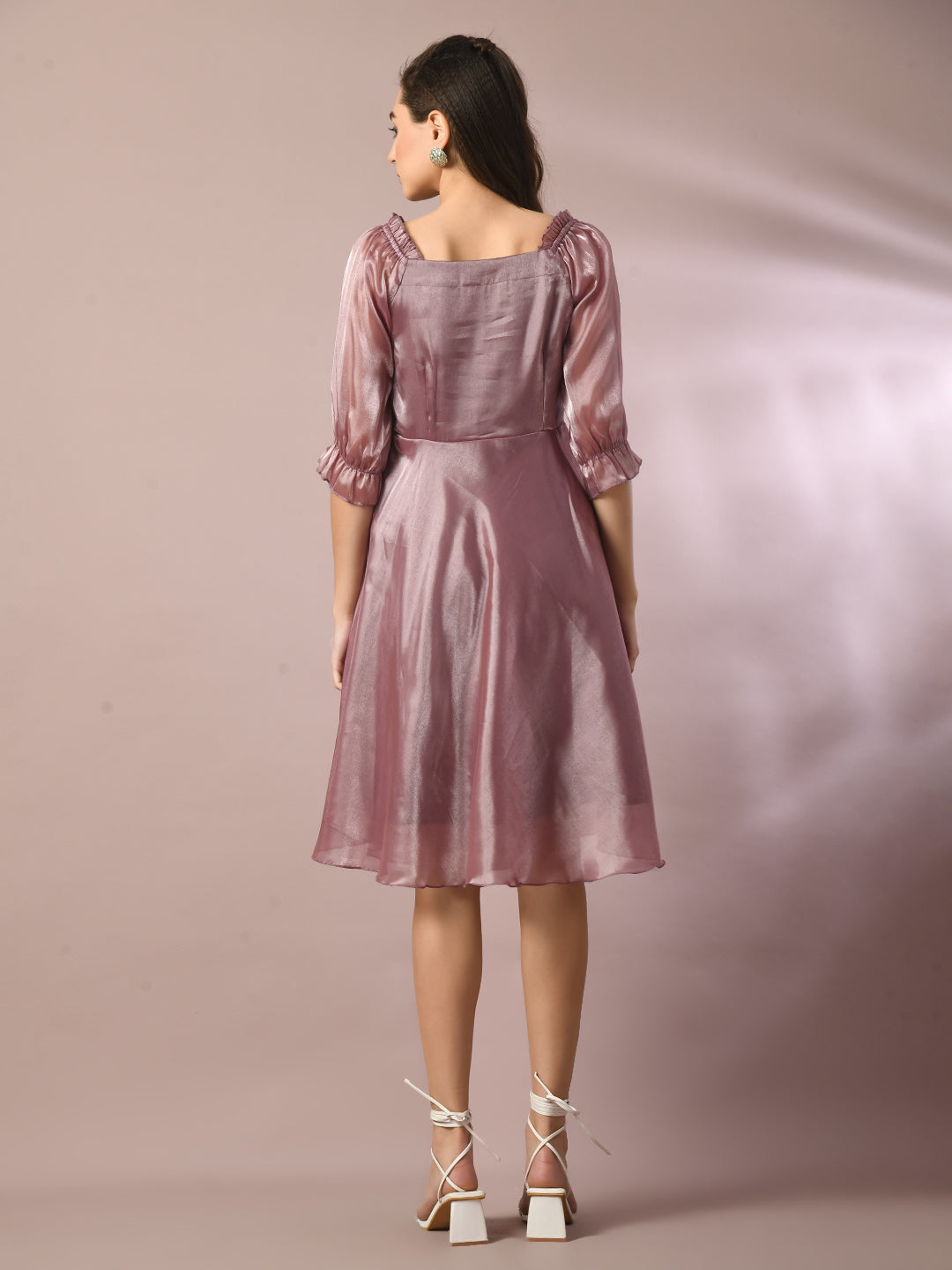Women's  Brown Solid Square Neck Fit And Flare Party Dress