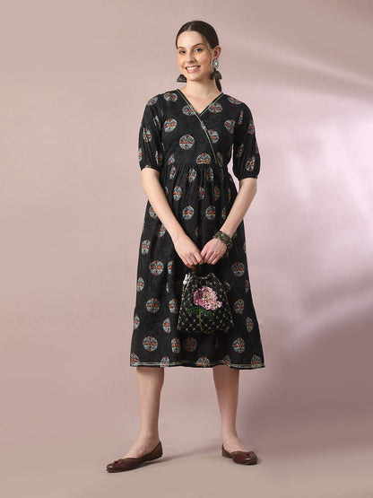 Women's  Black Printed Cotton V-Neck Empire Party Dress
