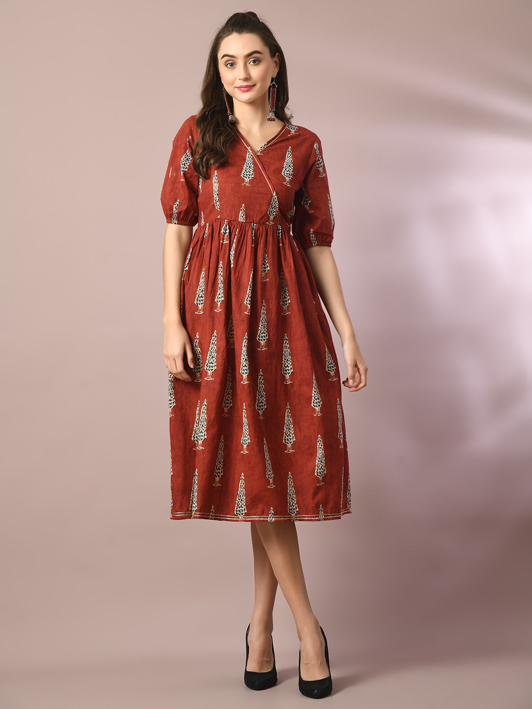 Women's  Rust Printed Cotton V-Neck Empire Party Dress
