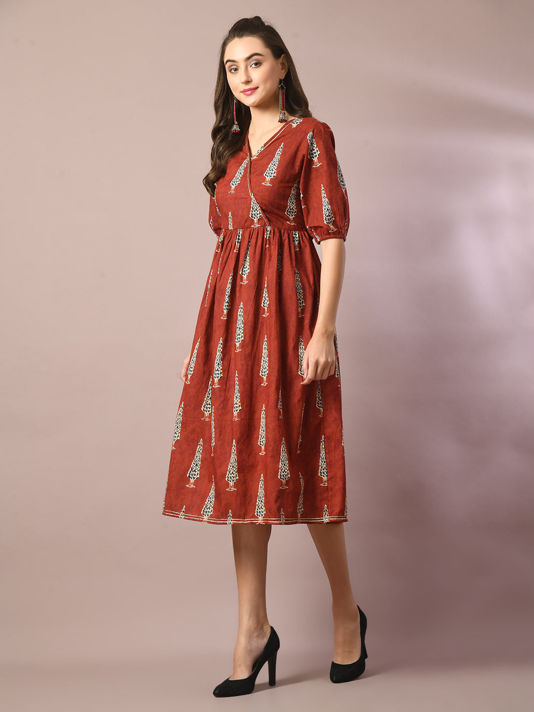 Women's  Rust Printed Cotton V-Neck Empire Party Dress