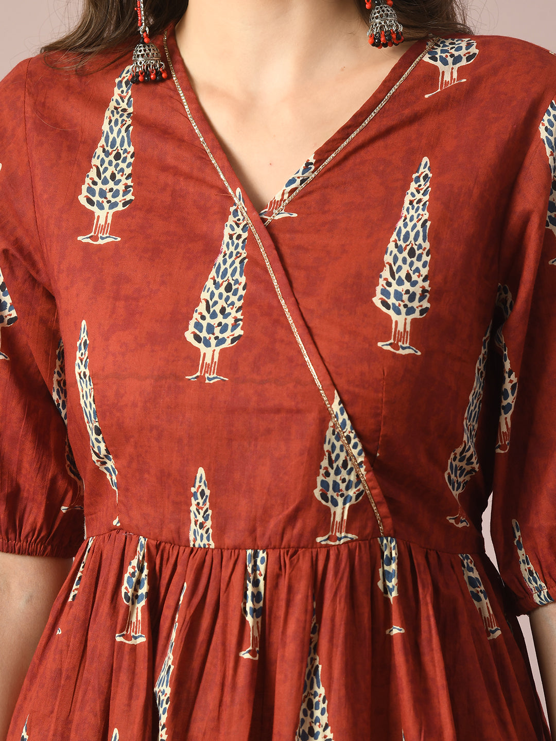 Women's  Rust Printed Cotton V-Neck Empire Party Dress