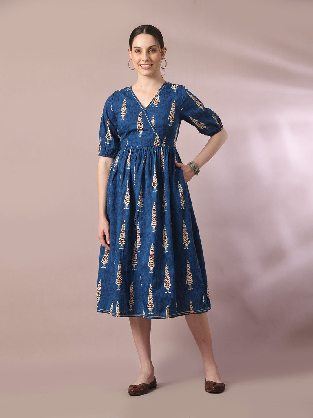 Women's  Blue Printed Cotton V-Neck Empire Party Dress