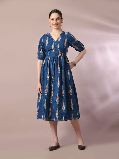 Women's  Blue Printed Cotton V-Neck Empire Party Dress