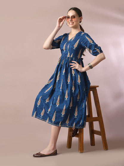 Women's  Blue Printed Cotton V-Neck Empire Party Dress