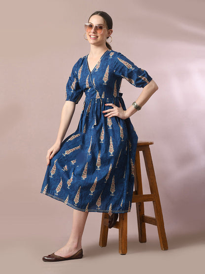 Women's  Blue Printed Cotton V-Neck Empire Party Dress