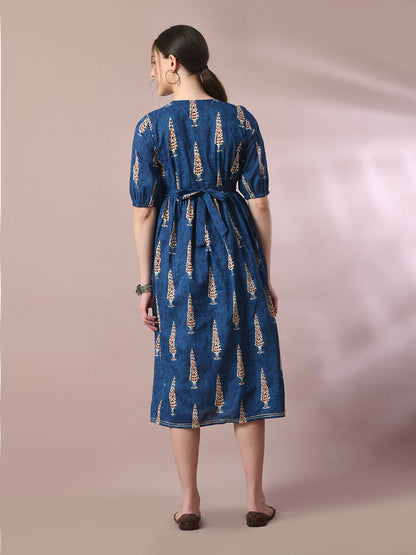 Women's  Blue Printed Cotton V-Neck Empire Party Dress