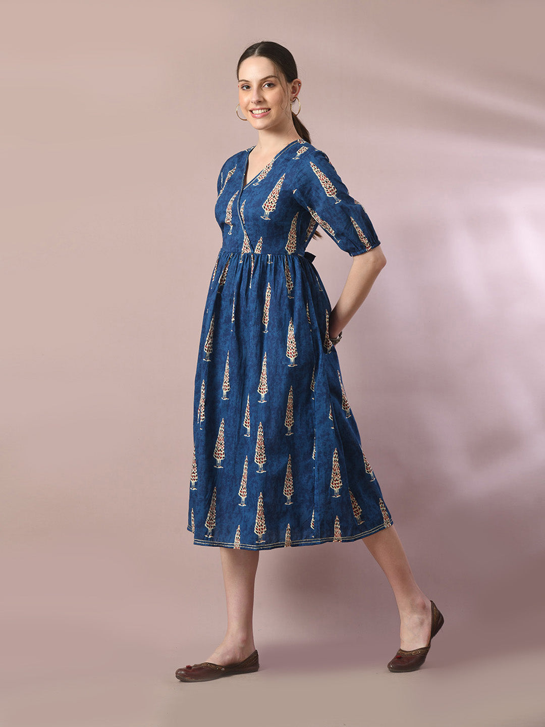 Women's  Blue Printed Cotton V-Neck Empire Party Dress