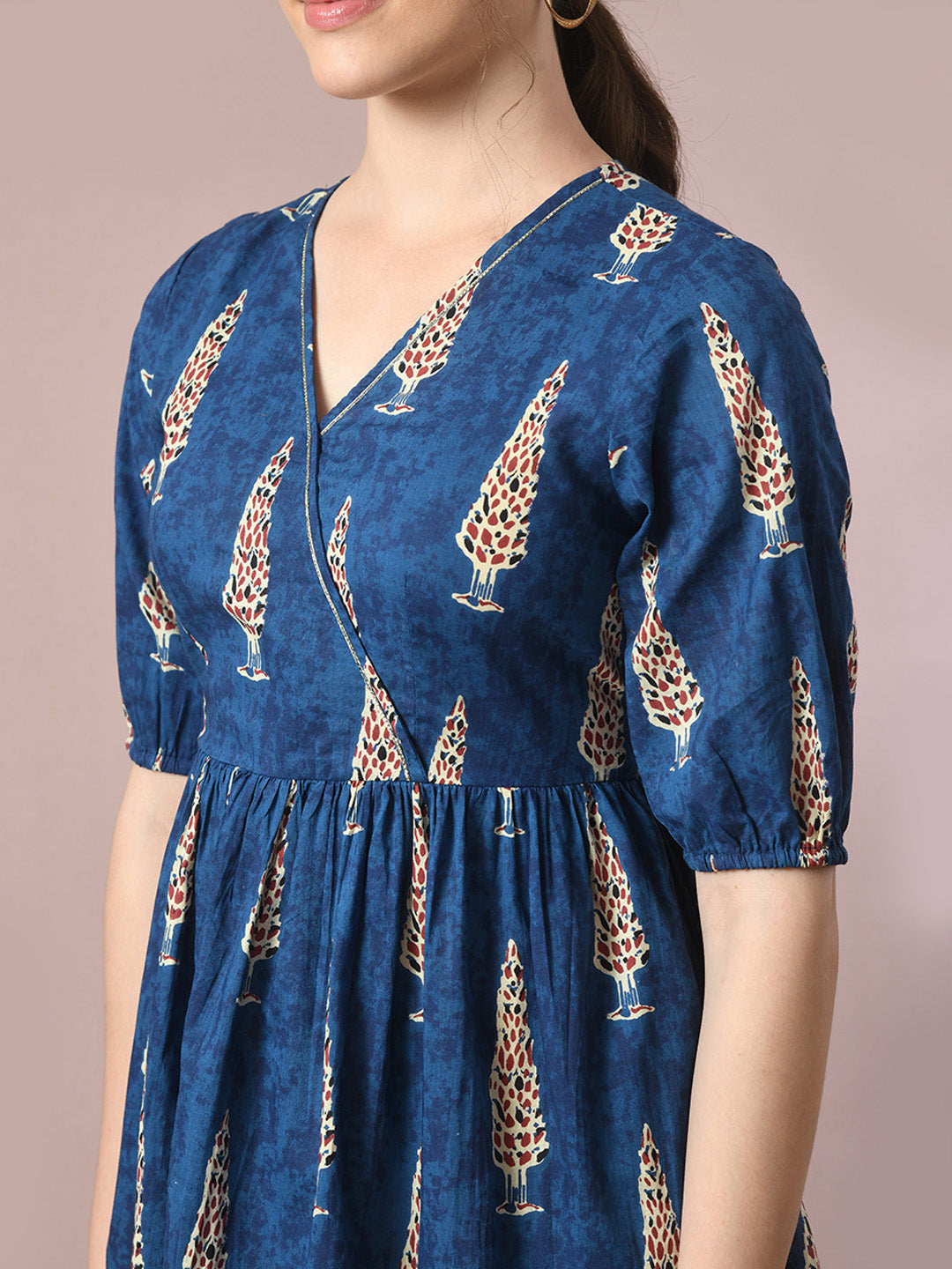 Women's  Blue Printed Cotton V-Neck Empire Party Dress