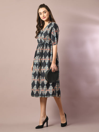Women's  Multi Printed Cotton V-Neck Empire Party Dress