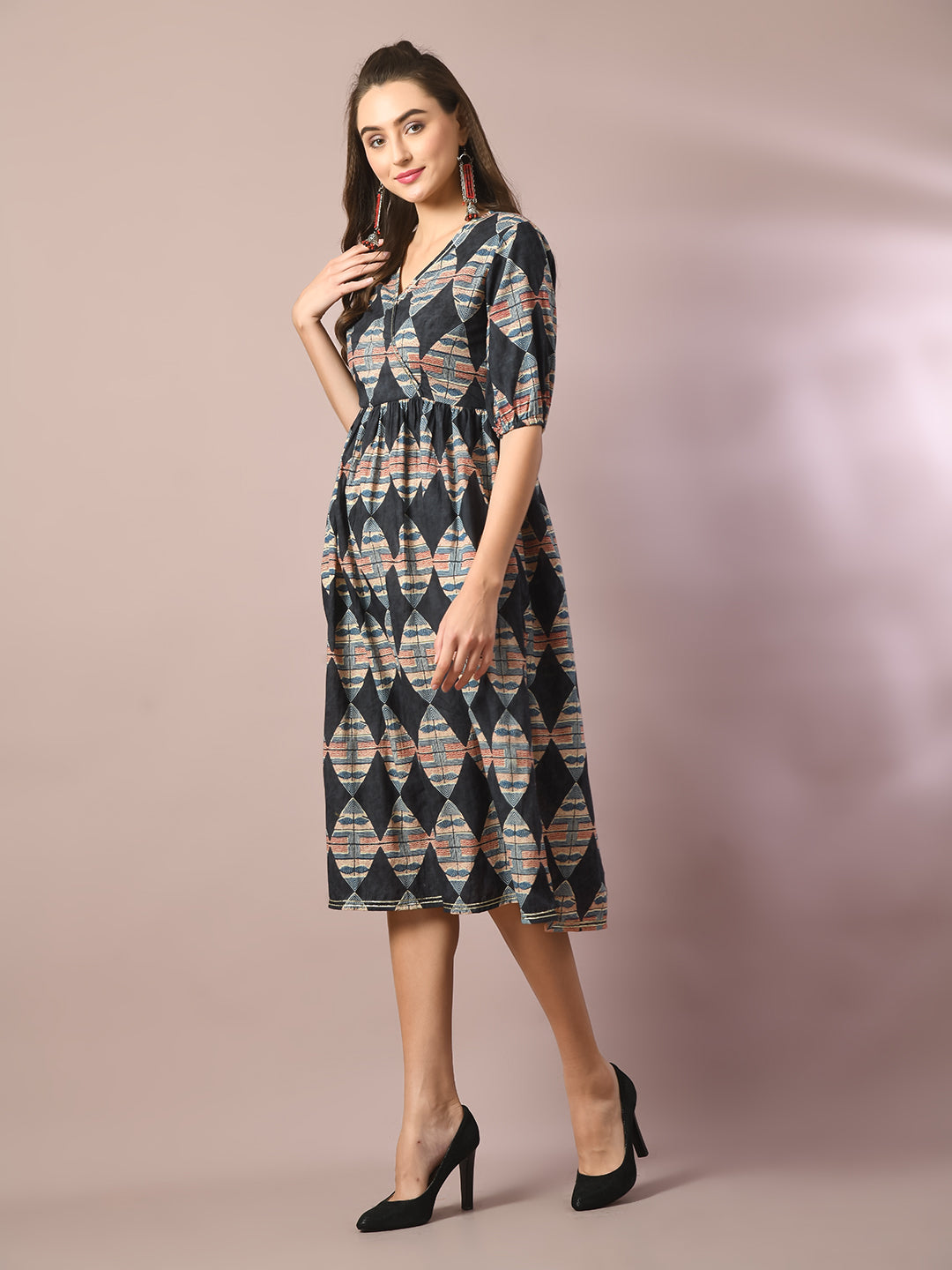 Women's  Multi Printed Cotton V-Neck Empire Party Dress