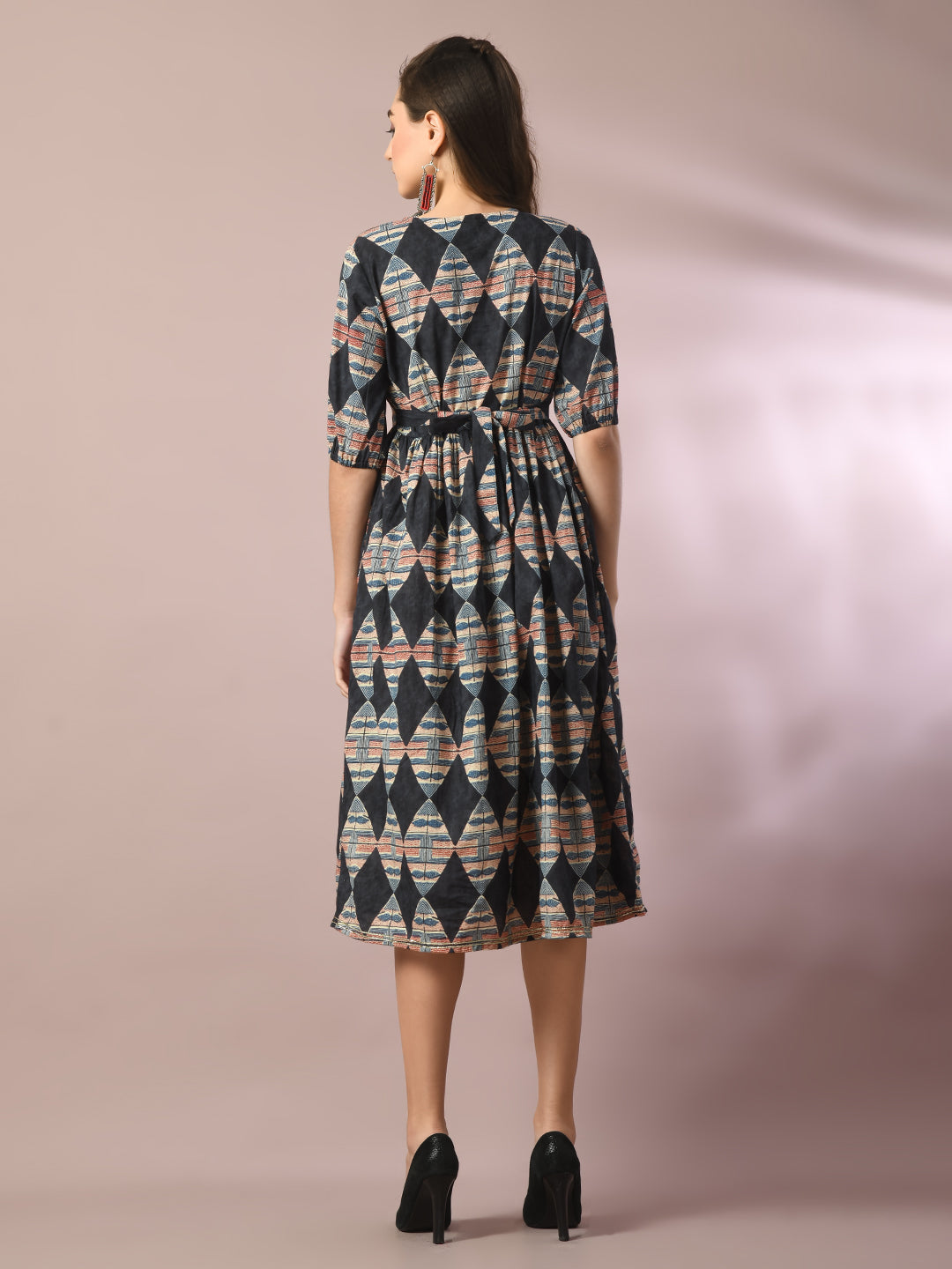 Women's  Multi Printed Cotton V-Neck Empire Party Dress