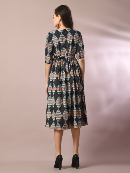 Women's  Multi Printed Cotton V-Neck Empire Party Dress
