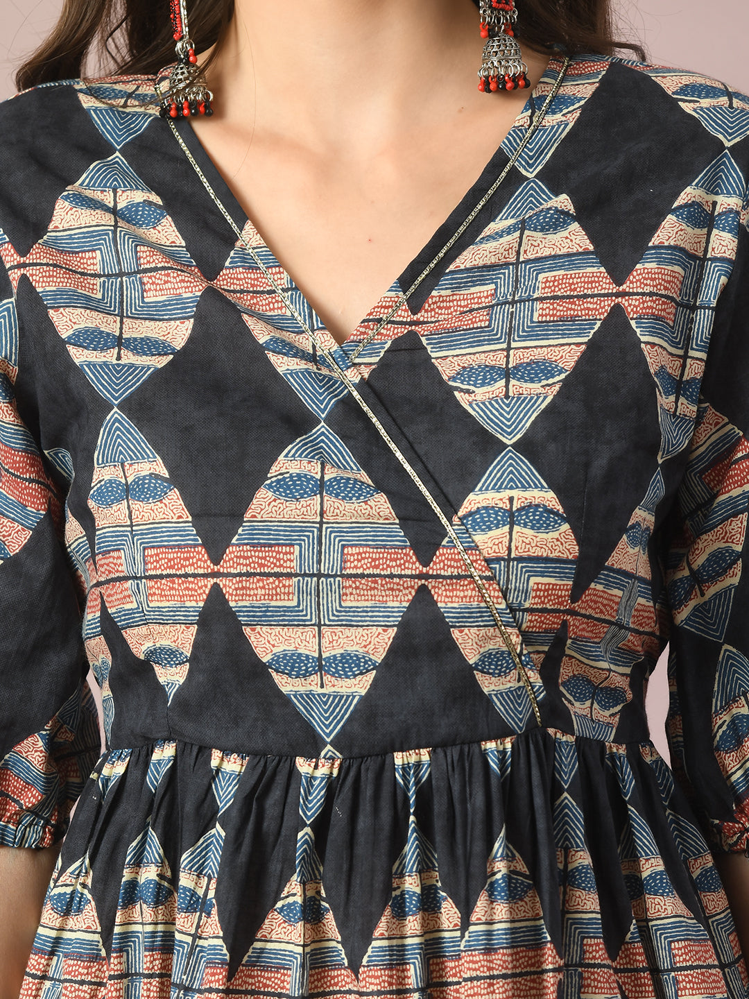 Women's  Multi Printed Cotton V-Neck Empire Party Dress