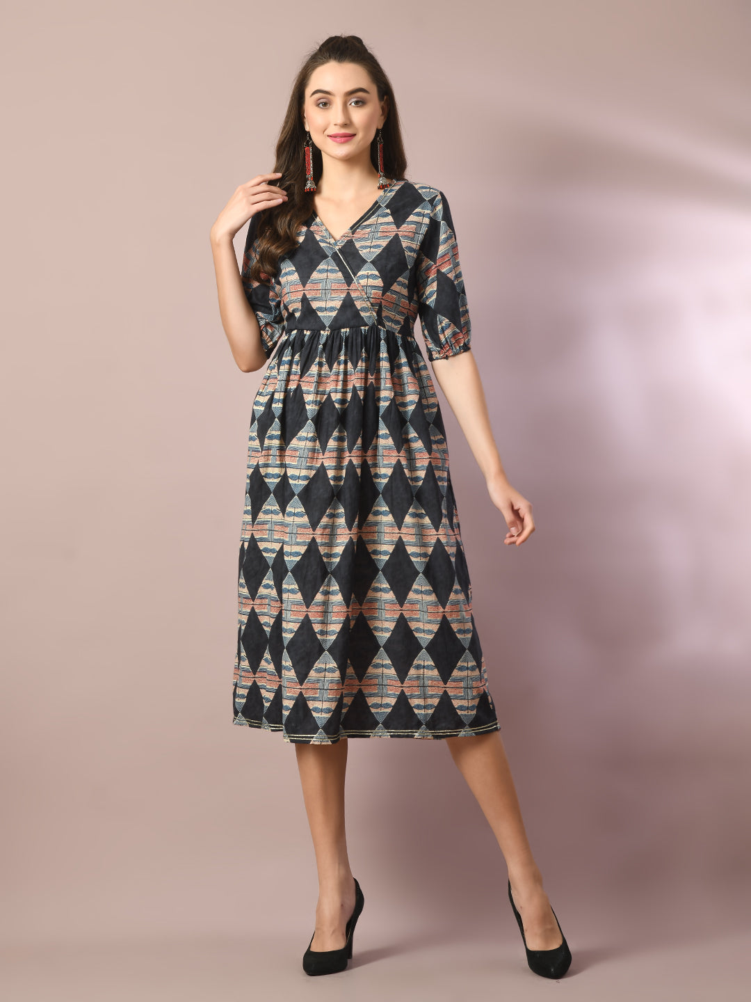 Women's  Multi Printed Cotton V-Neck Empire Party Dress
