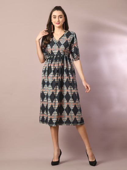 Women's  Multi Printed Cotton V-Neck Empire Party Dress