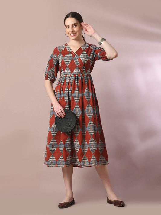 Women's  Multi Printed Cotton V-Neck Empire Party Dress