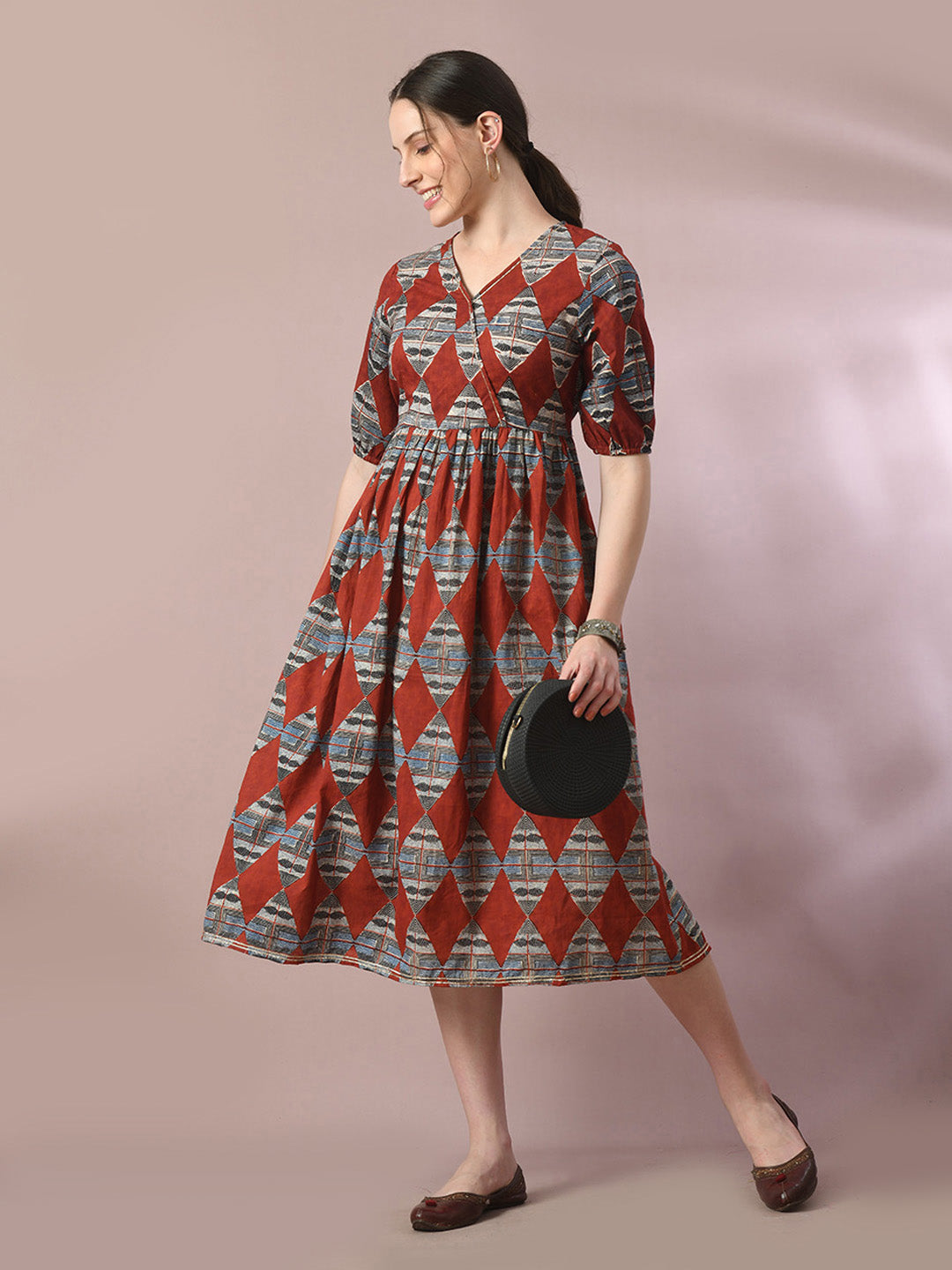 Women's  Multi Printed Cotton V-Neck Empire Party Dress