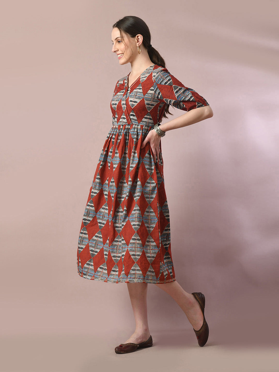 Women's  Multi Printed Cotton V-Neck Empire Party Dress