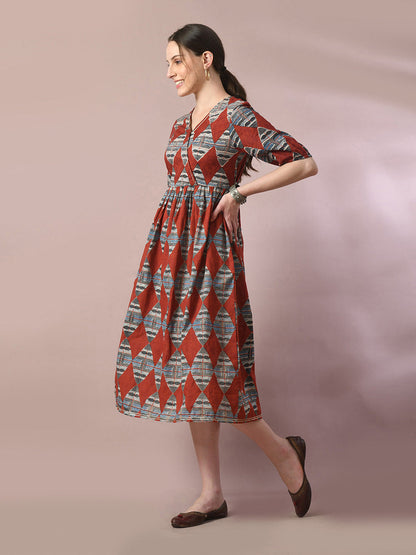 Women's  Multi Printed Cotton V-Neck Empire Party Dress