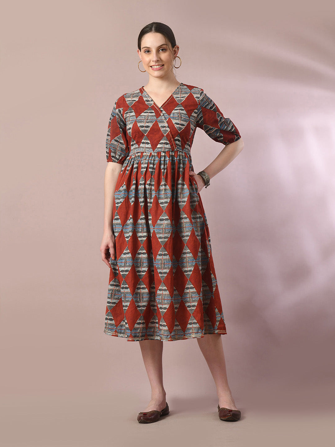 Women's  Multi Printed Cotton V-Neck Empire Party Dress