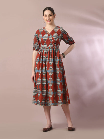 Women's  Multi Printed Cotton V-Neck Empire Party Dress