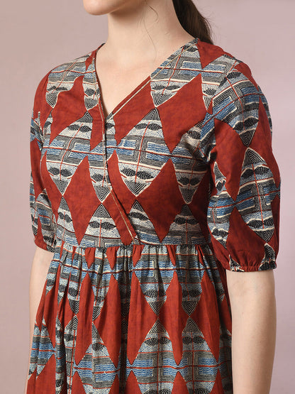 Women's  Multi Printed Cotton V-Neck Empire Party Dress