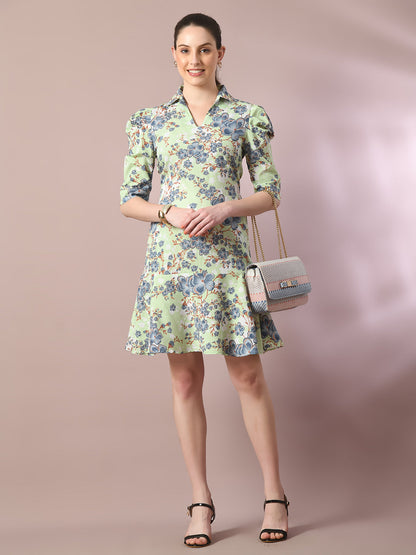 Women's  Green Printed Shirt Collar Fit And Flare Party Dress