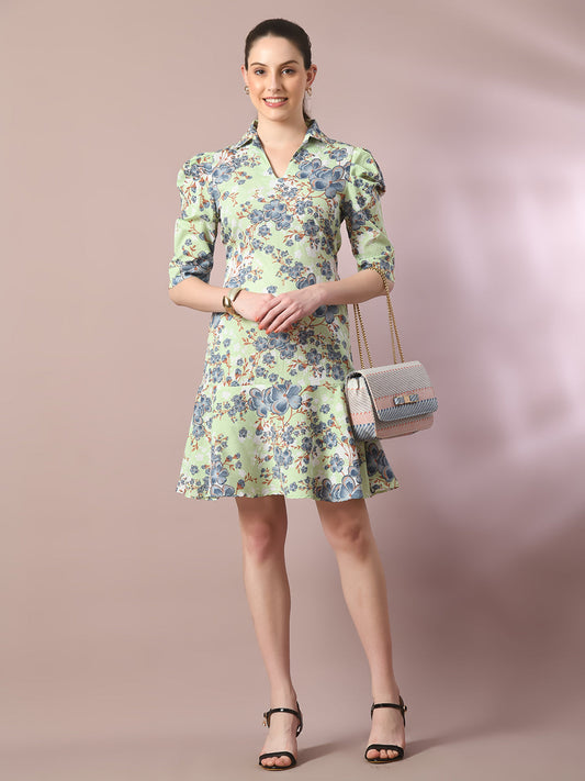 Women's  Green Printed Shirt Collar Fit And Flare Party Dress