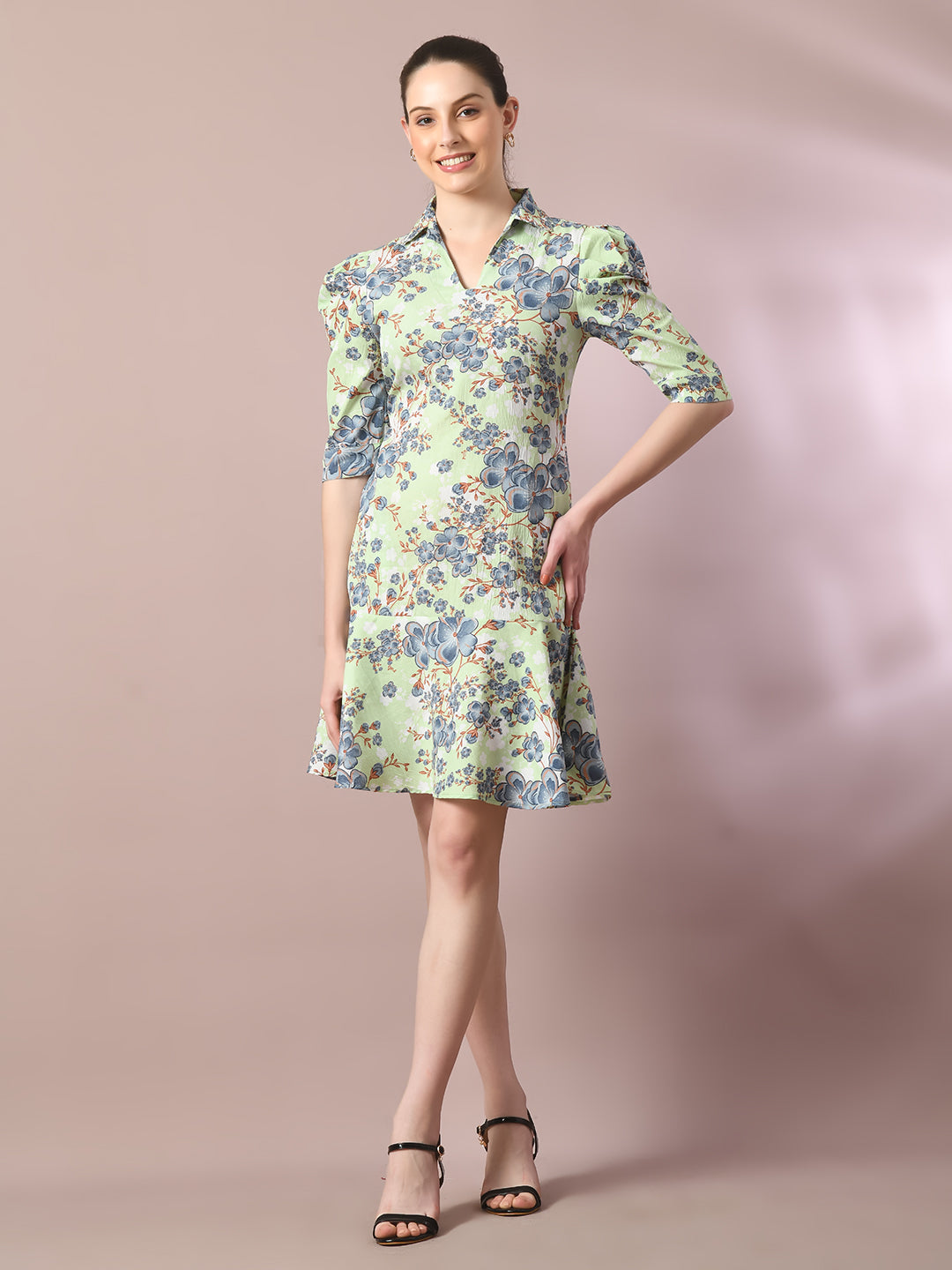 Women's  Green Printed Shirt Collar Fit And Flare Party Dress