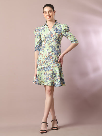 Women's  Green Printed Shirt Collar Fit And Flare Party Dress