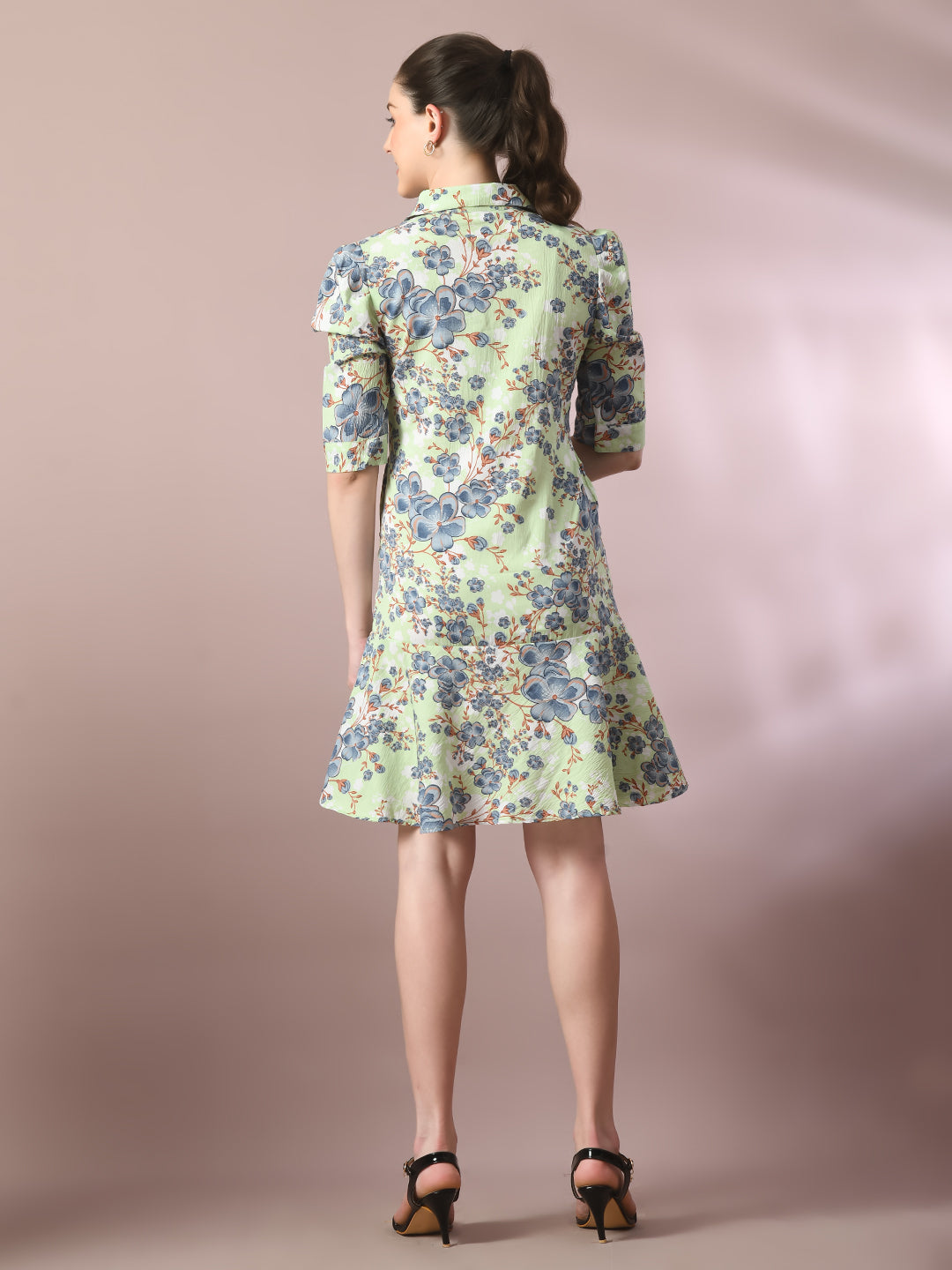 Women's  Green Printed Shirt Collar Fit And Flare Party Dress