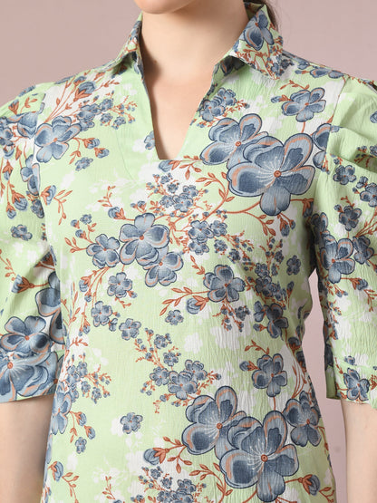 Women's  Green Printed Shirt Collar Fit And Flare Party Dress