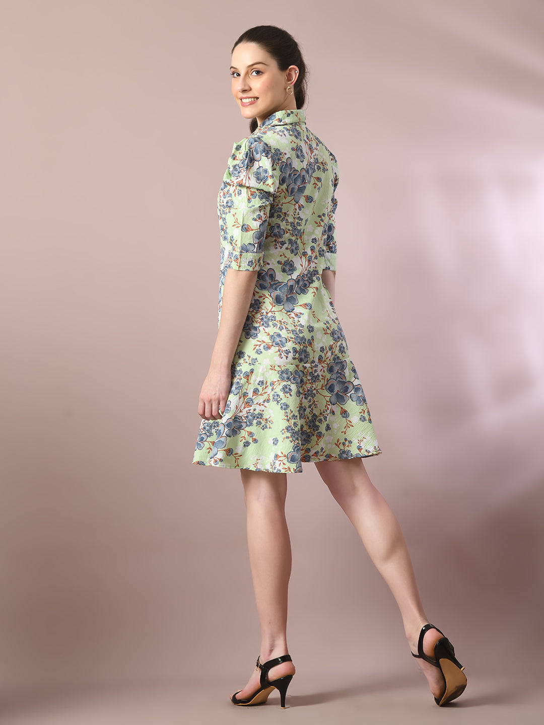 Women's  Green Printed Shirt Collar Fit And Flare Party Dress