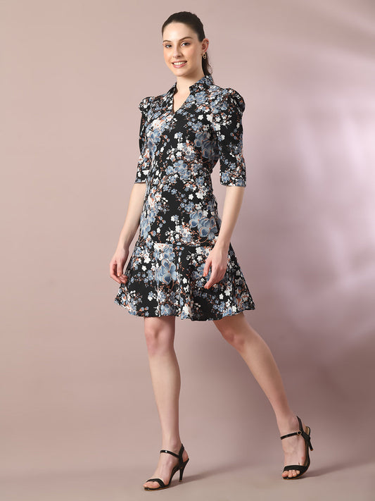 Women's  Black Printed Shirt Collar Fit And Flare Party Dress