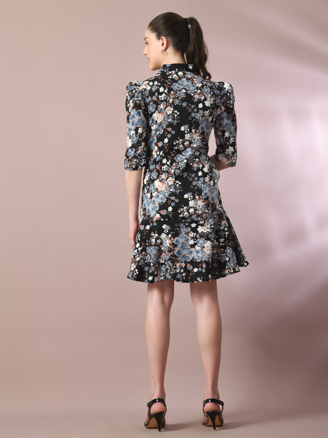 Women's  Black Printed Shirt Collar Fit And Flare Party Dress