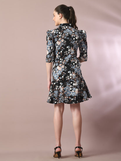 Women's  Black Printed Shirt Collar Fit And Flare Party Dress