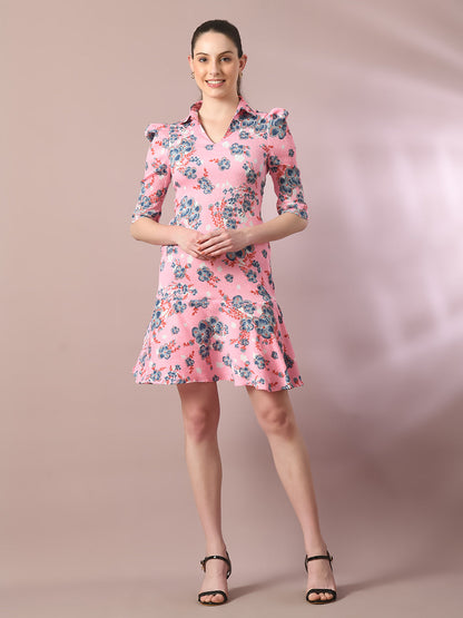 Women's  Pink Printed Shirt Collar Fit And Flare Party Dress