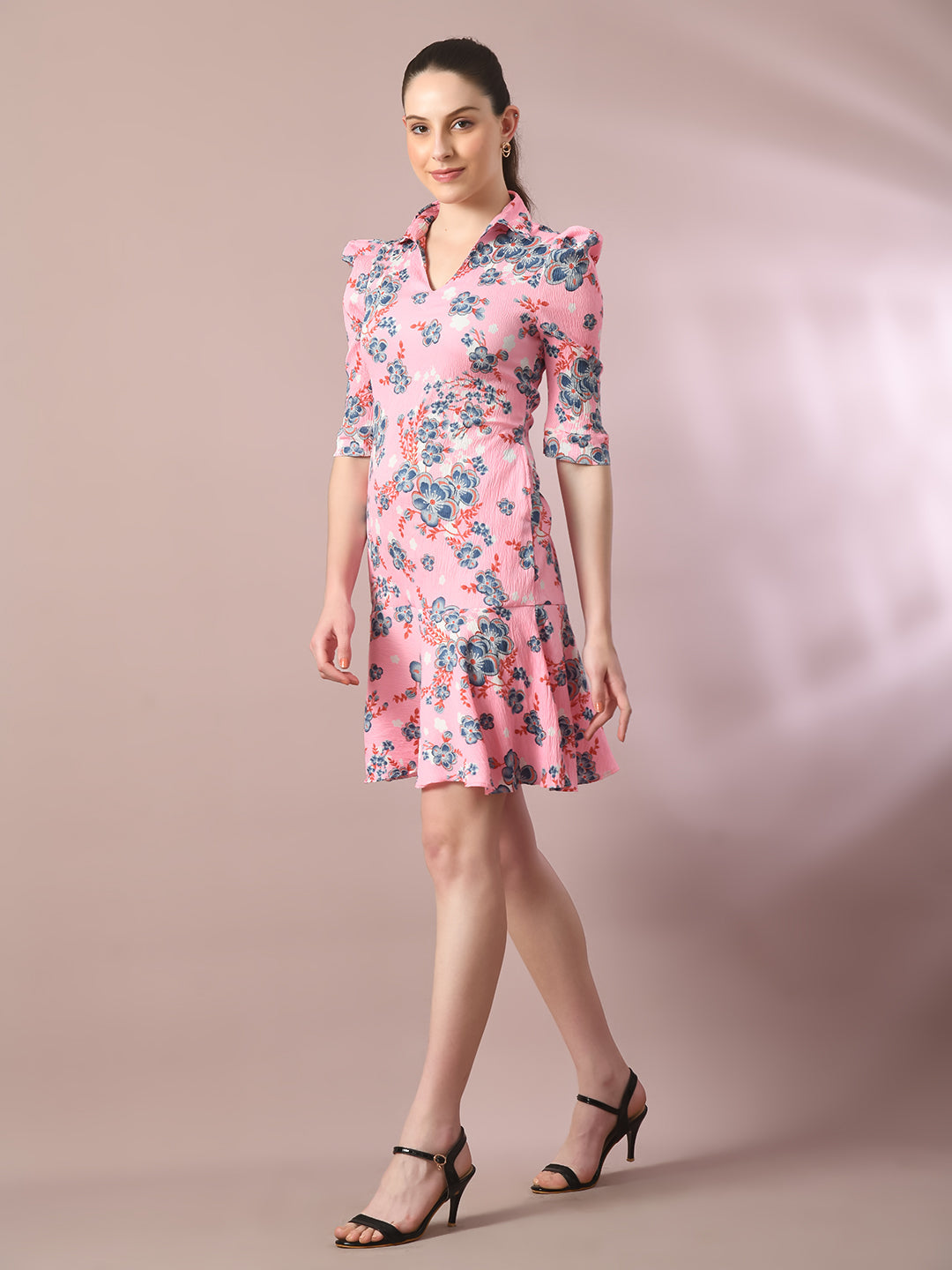 Women's  Pink Printed Shirt Collar Fit And Flare Party Dress
