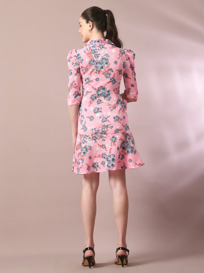 Women's  Pink Printed Shirt Collar Fit And Flare Party Dress