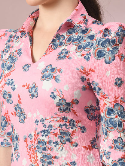 Women's  Pink Printed Shirt Collar Fit And Flare Party Dress