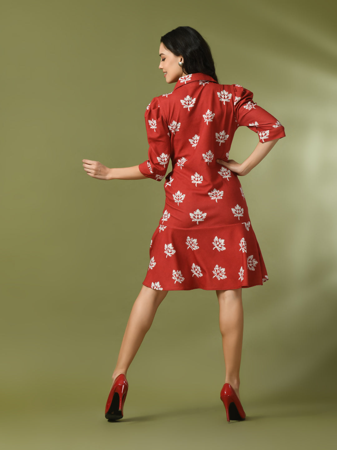 Women's  Rust Printed Shirt Collar Fit And Flare Party Dress