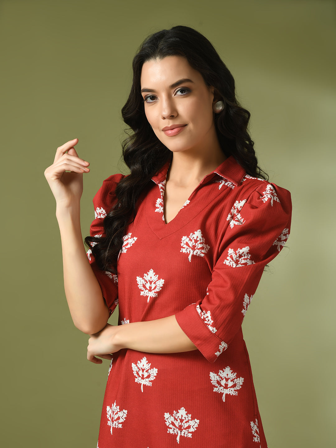 Women's  Rust Printed Shirt Collar Fit And Flare Party Dress