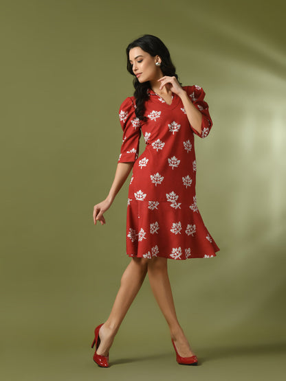 Women's  Rust Printed Shirt Collar Fit And Flare Party Dress