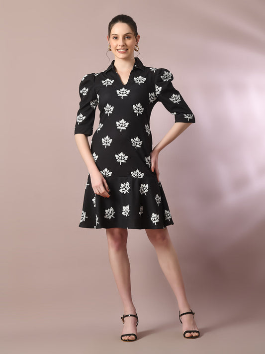 Women's  Black Printed Shirt Collar Fit And Flare Party Dress