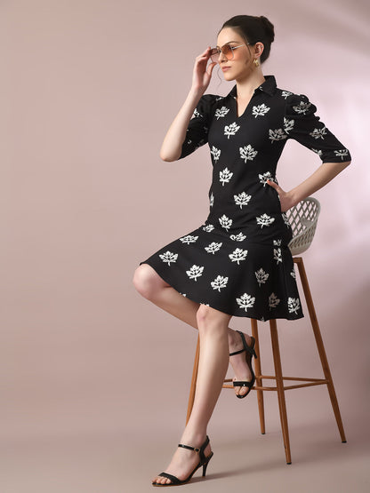 Women's  Black Printed Shirt Collar Fit And Flare Party Dress