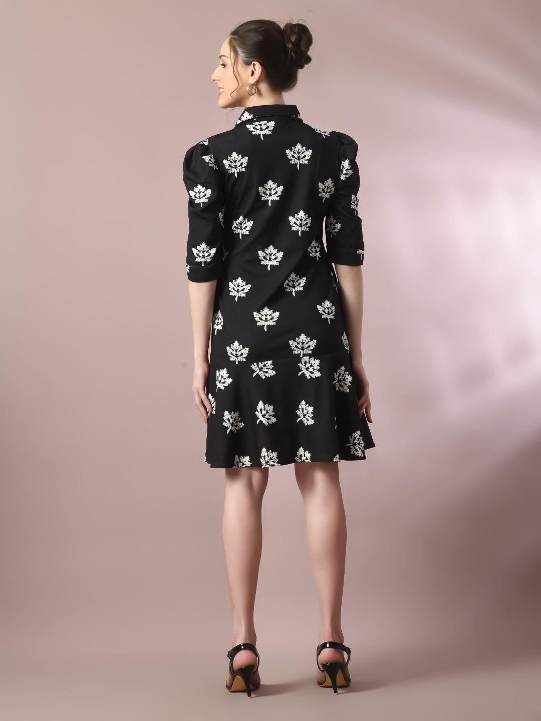 Women's  Black Printed Shirt Collar Fit And Flare Party Dress